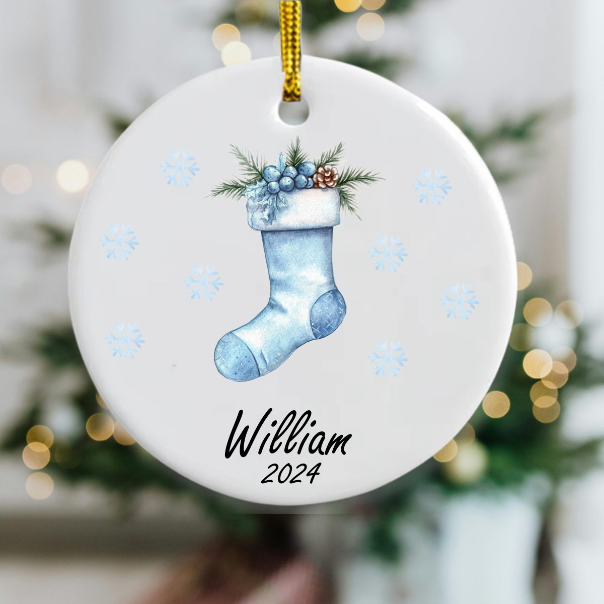 Personalised blue stocking bauble