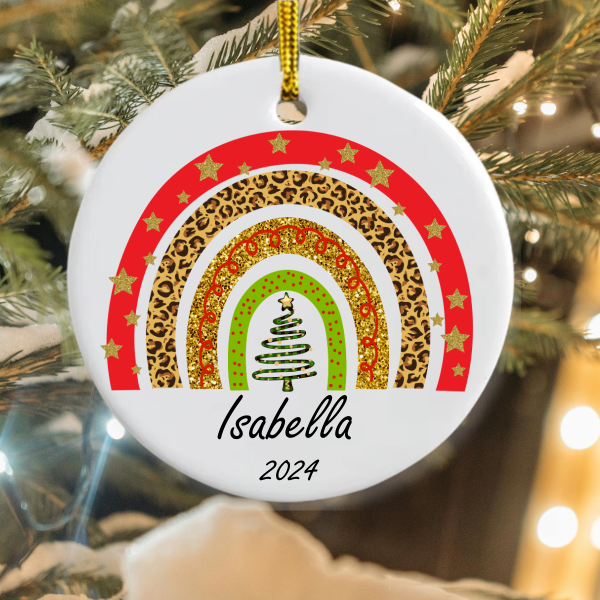 Leopard print rainbow personalised bauble